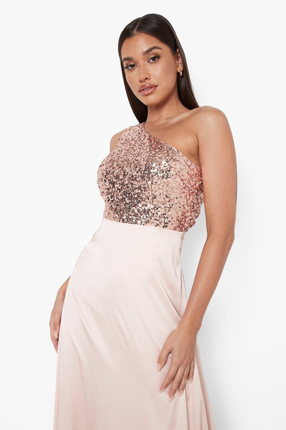 Sequin One Shoulder Satin Skirt Maxi Dress boohoo FI